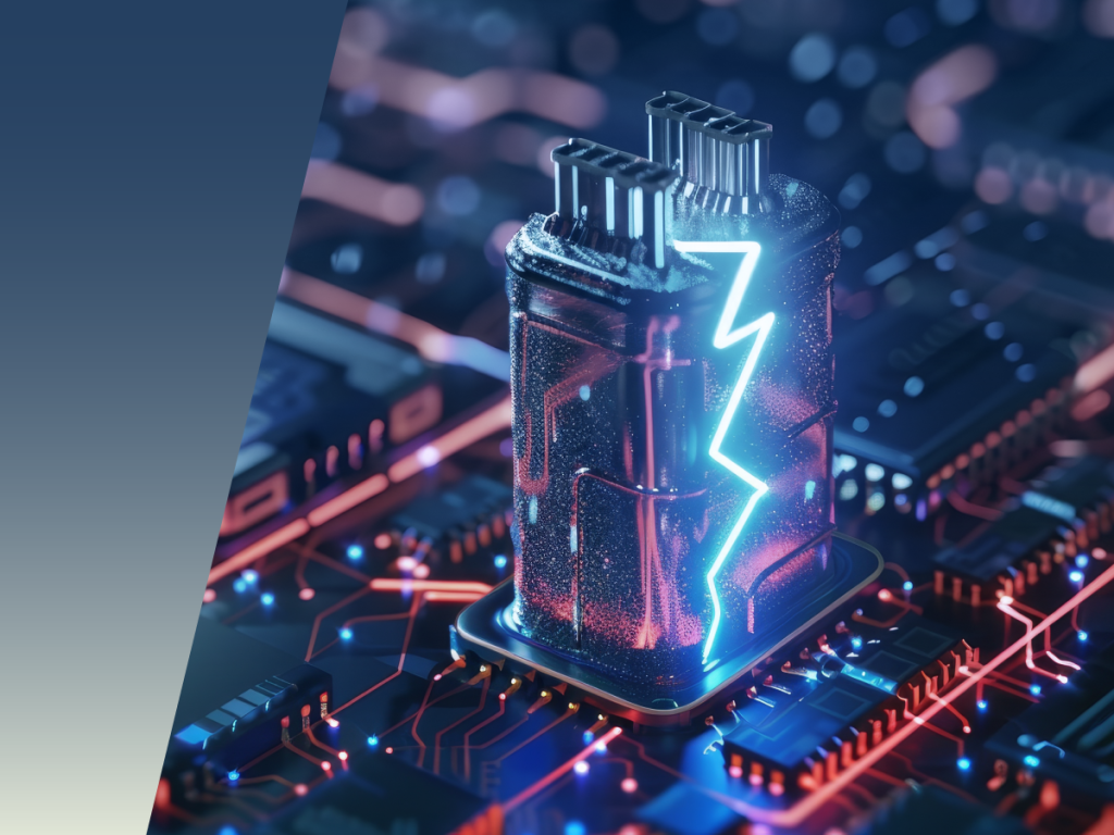 A stylized battery with a glowing lightning bolt stands on a computer chip, surrounded by illuminated circuitry, symbolizing advanced energy technology and power integration with innovative Pre-Charge Circuit design. by Standex Detect
