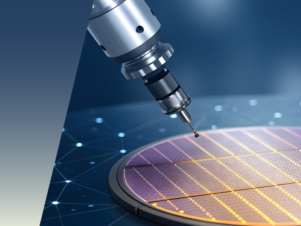 A close-up of a robotic arm precisely inspecting or assembling a semiconductor wafer, with SoC testers enhancing accuracy amid a glowing grid pattern and digital network background. by Standex Detect