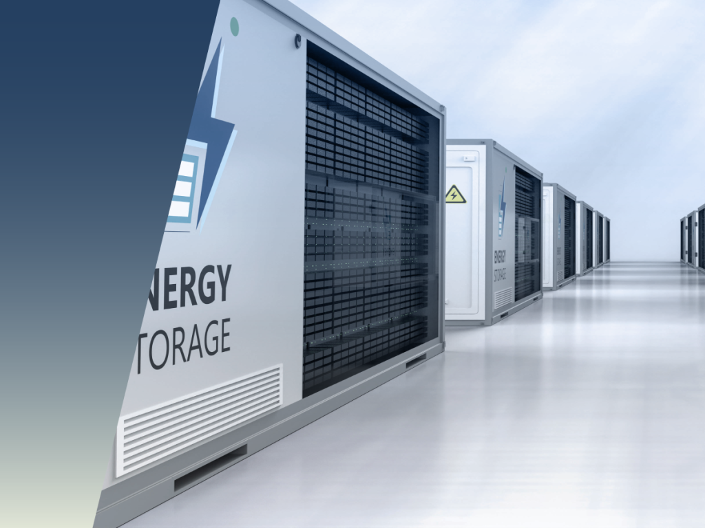Rows of large battery storage units in a clean, bright industrial setting, with one unit labeled “Energy Storage” in the foreground and Cable Testers visible among the equipment in the background. by Standex Detect