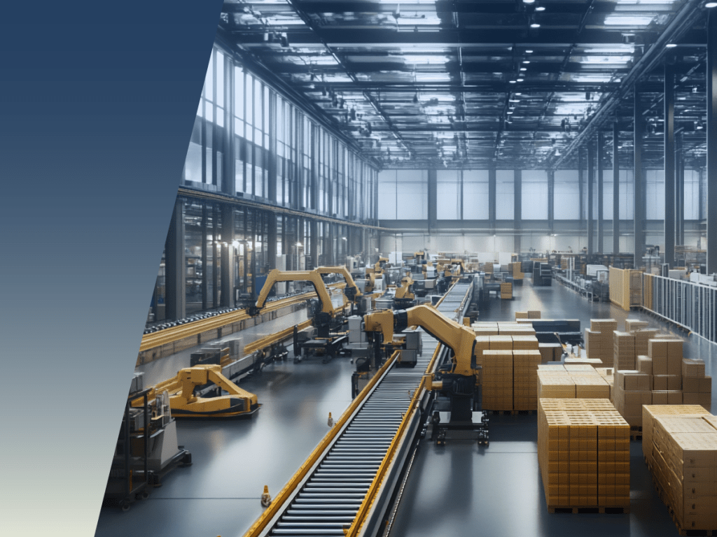 A modern warehouse with robotic arms and conveyor belts moving boxes, featuring data center sensor integration for efficient tracking, surrounded by stacks of packages and industrial shelving under bright overhead lighting. by Standex Detect