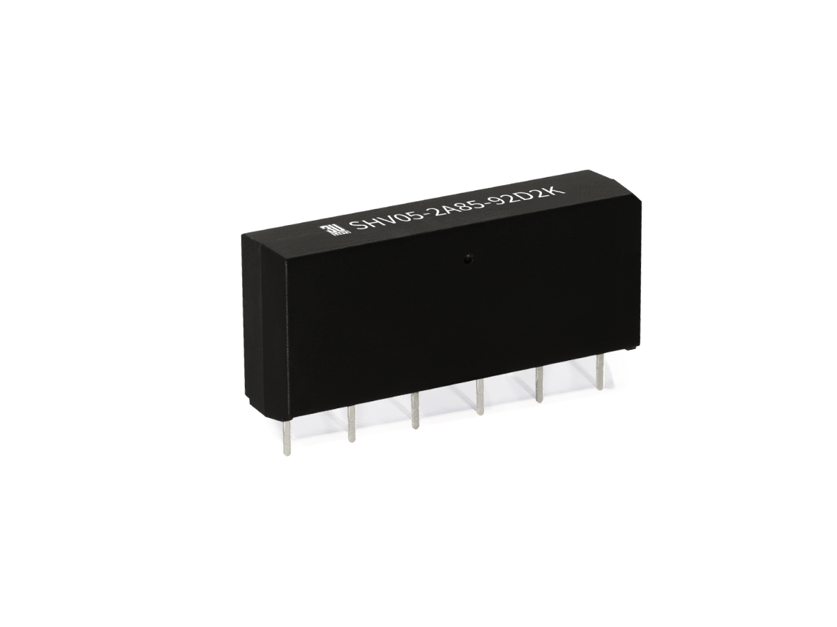 A black rectangular electronic component from the SHV-2A Series, featuring six metal pins and labeled SHV05-2A85-92L2K in white text on the top, resembles a typical Reed Relay design. by Standex Detect