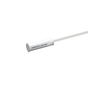 A white cylindrical electronic component with wires attached, labelled STANDEX MK23-1A66B-300NW, features Reed Sensor technology from the MK38 Series, isolated on a white background. by Standex Detect