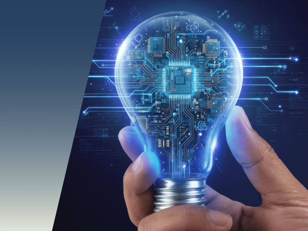 A hand holds a glowing light bulb filled with computer circuitry, with blue digital lines extending outward, symbolizing innovation, technology, and high-density switching. by Standex Detect