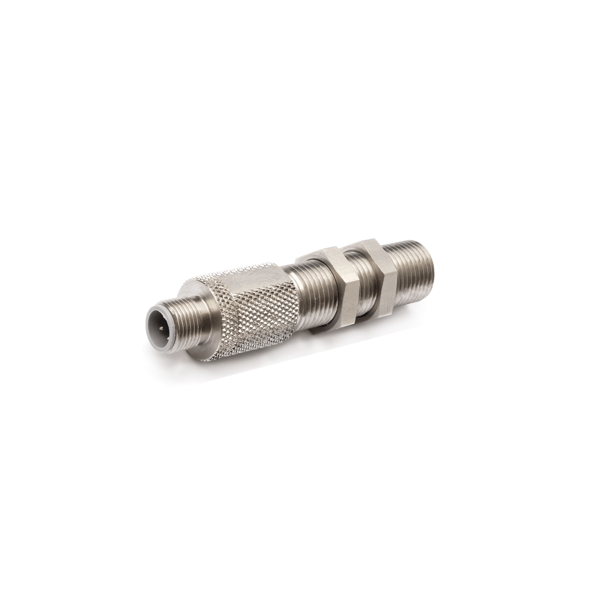 A cylindrical metal electrical connector with threaded ends and two locking nuts. by Standex Detect