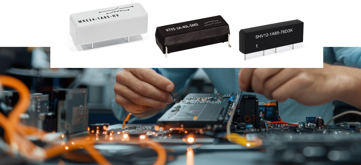 Close-up of hands assembling electronic components on a circuit board, with three different types of high-voltage reed relays above the workspace—ideal where reed relays deliver the precision, isolation, and longevity that burn-in systems require.
