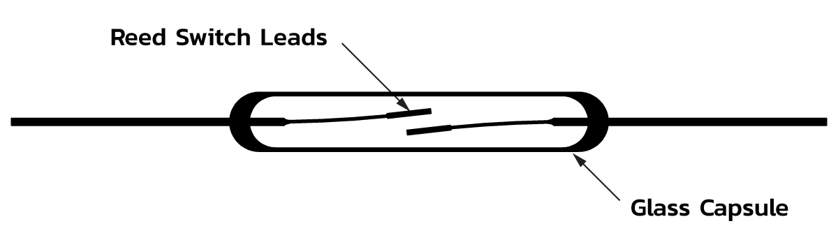 Diagram of a reed switch showing two metal leads inside a glass capsule. Annotations point to the Reed Switch Leads and Glass Capsule, commonly used in power efficiency solutions. by Standex Detect