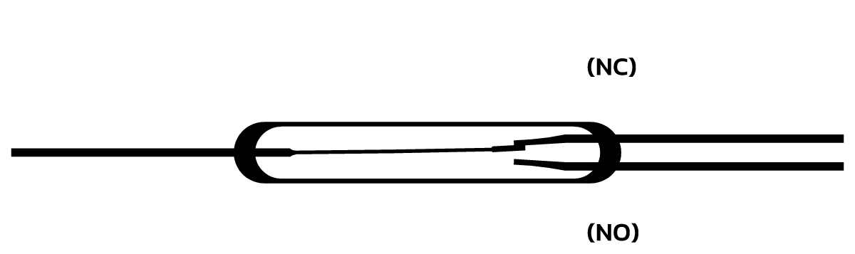 Diagram of a Form B reed relay in its off state where the contacts are closed, ideal for No Power Switching Solutions, show the common terminal connected to NC. by Standex Detect